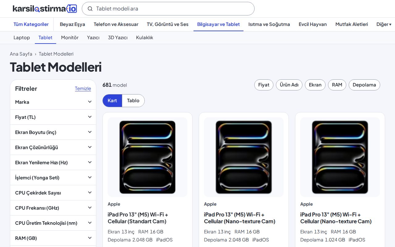 Tablet Karşılaştırma